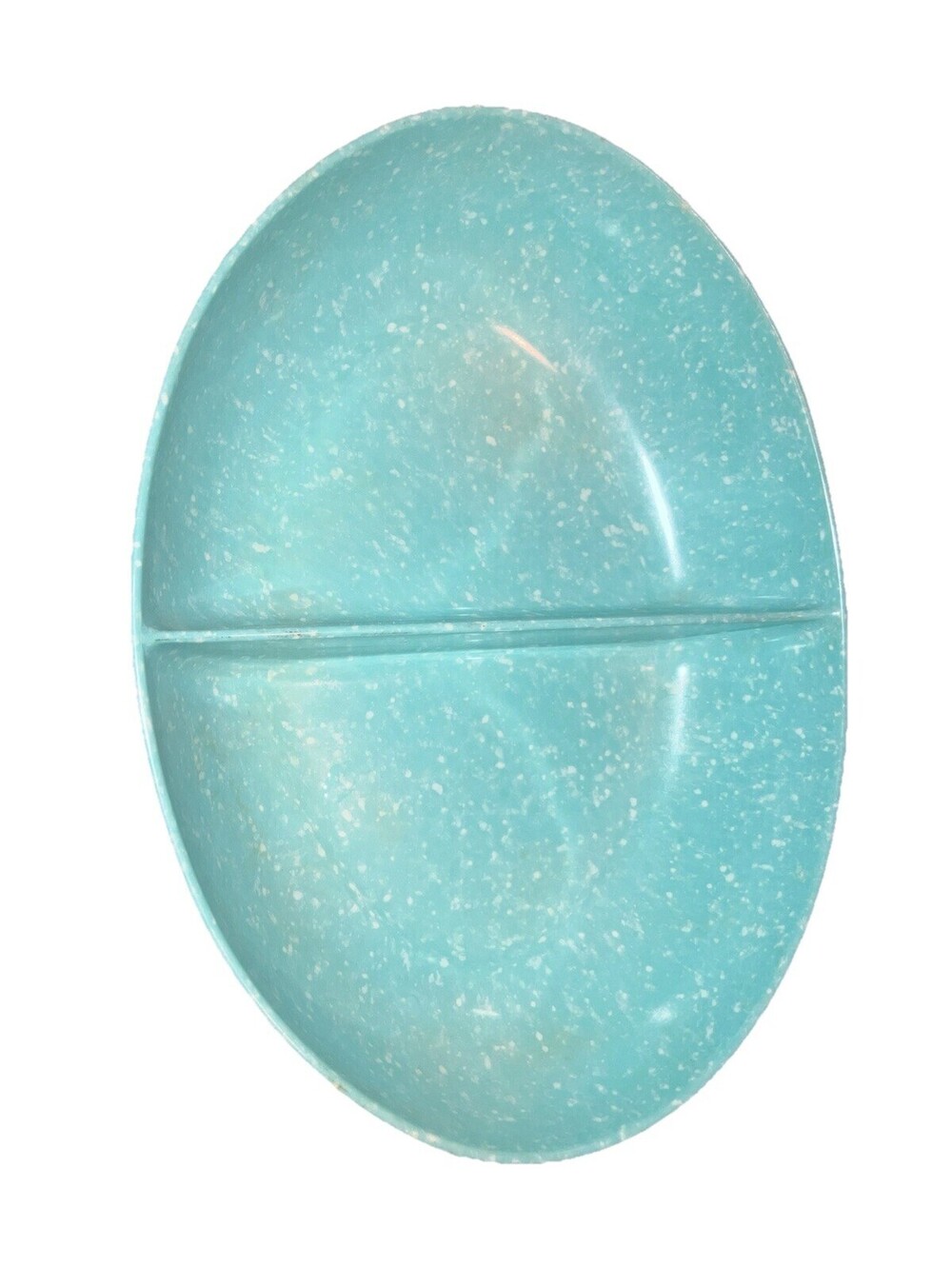 VINTAGE AQUA BLUE SPECKLED CONFETTI DIVIDED SERVING MELMAC OVAL BOWL DISH